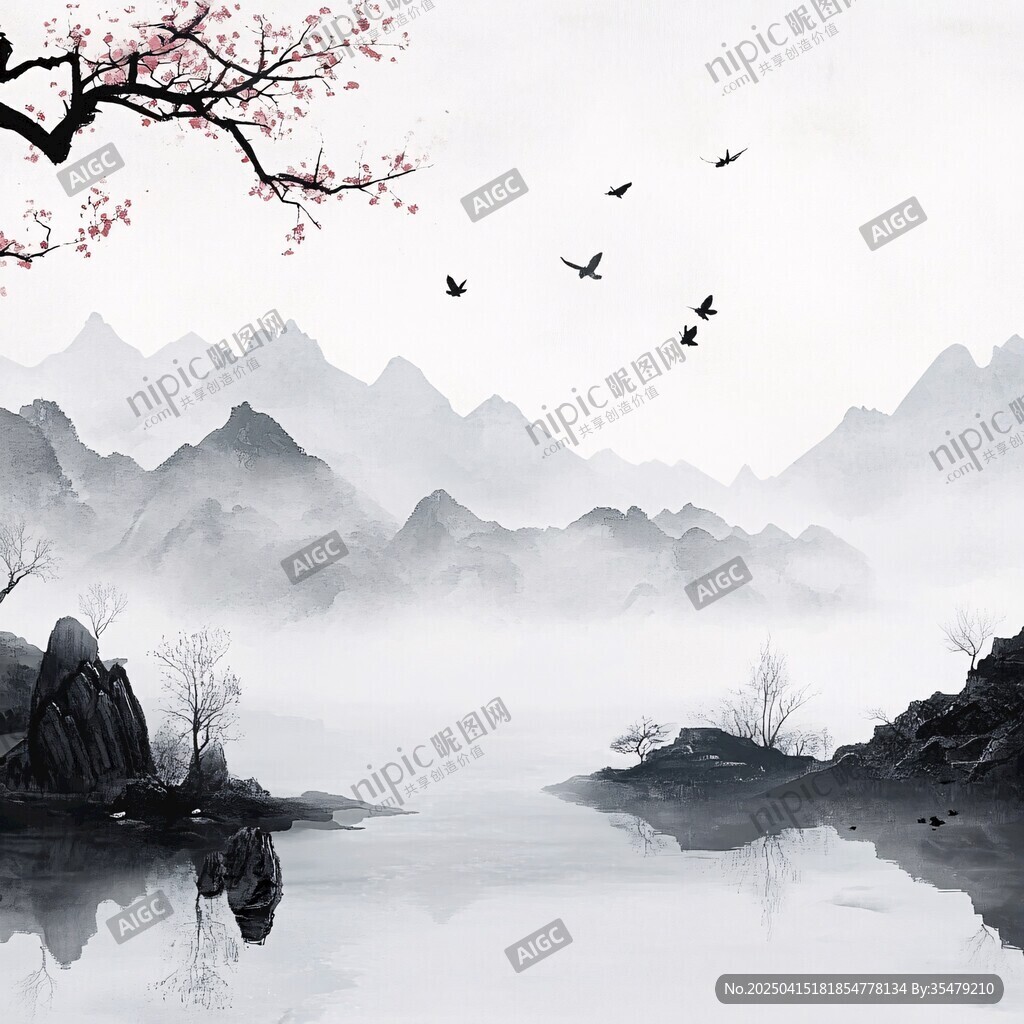 水墨山水間飛鳥伴花景