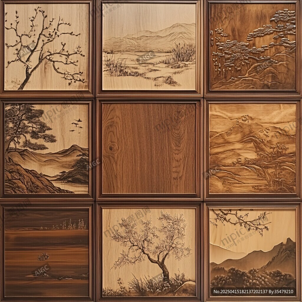 中式木雕山水樹紋裝飾畫