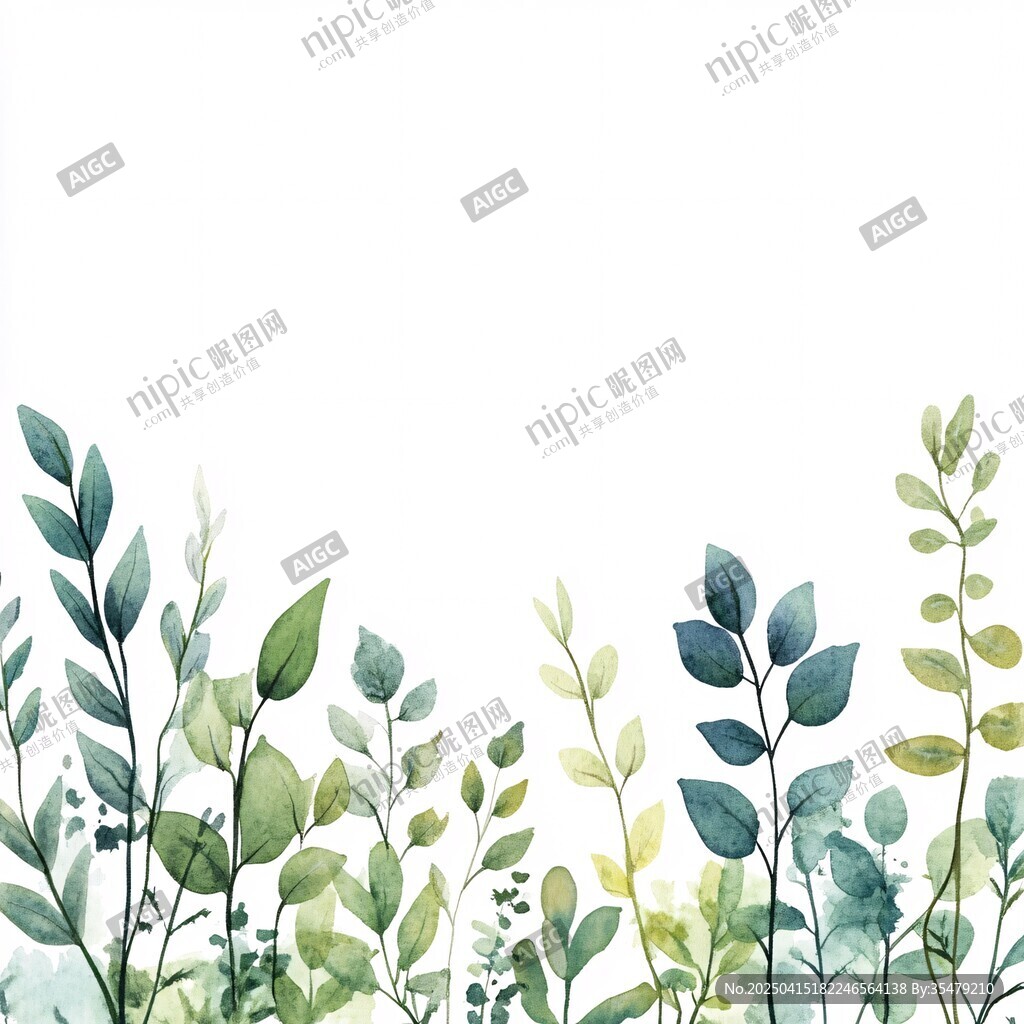 清新綠植水彩邊框背景圖