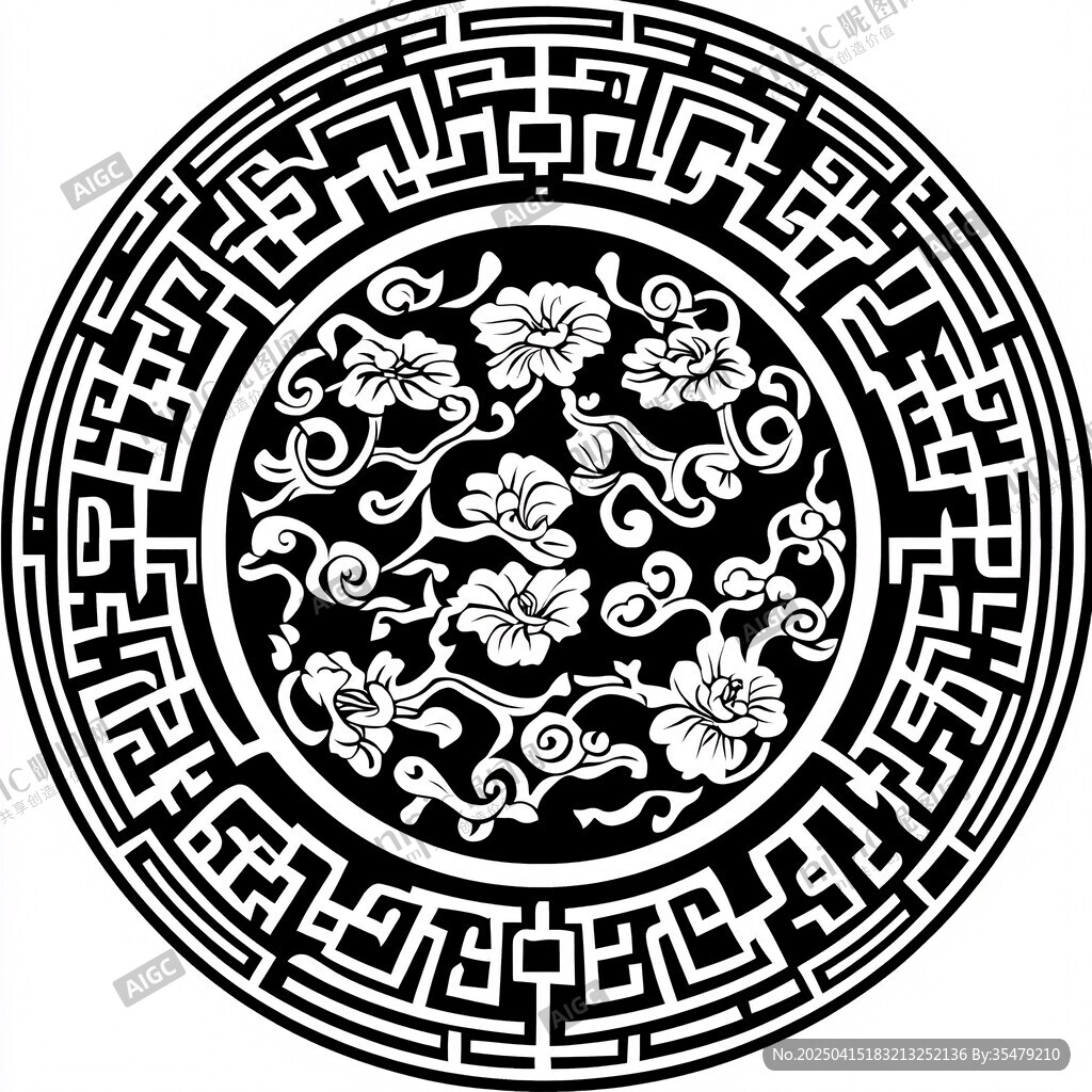 中式圓形花卉幾何紋圖案