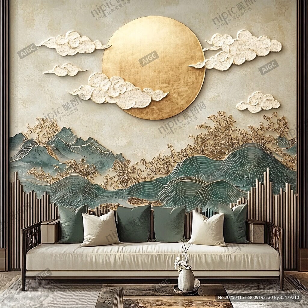 中式客廳 山水云月藝術(shù)背景墻
