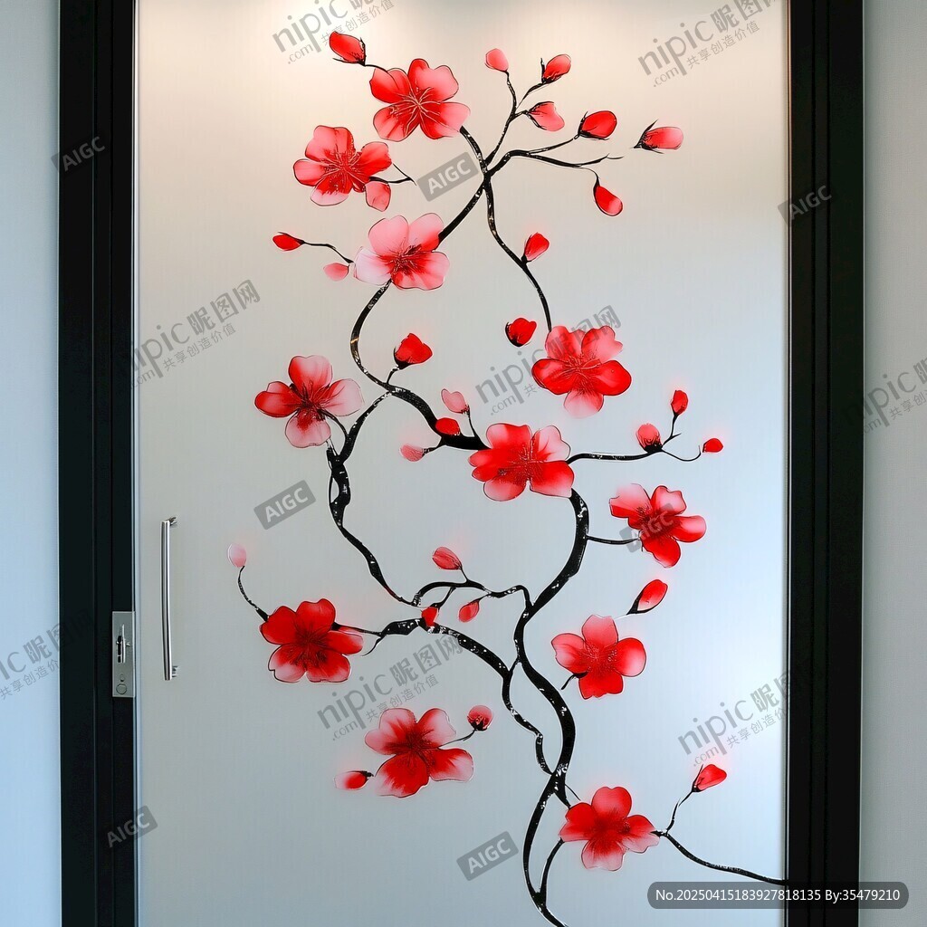 中式紅梅花玻璃門裝飾畫