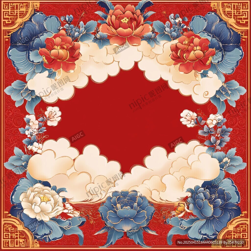 中式花卉云紋邊框裝飾圖