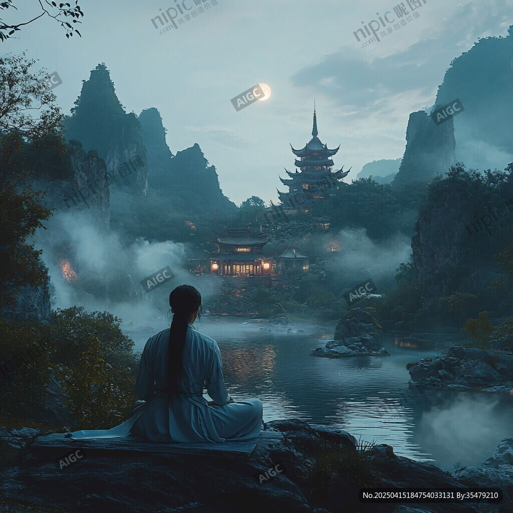 月下靜思的中式山水意境