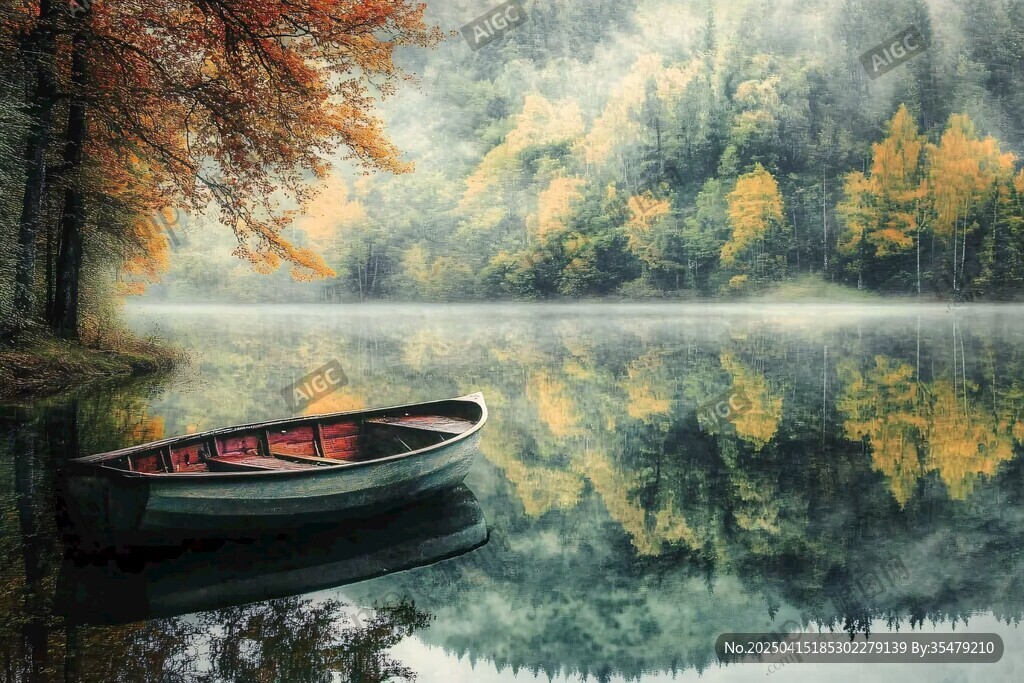 秋日湖畔孤舟靜謐美景