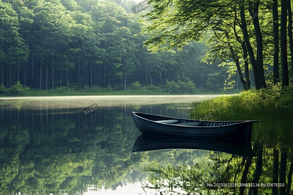 湖畔孤舟 靜謐森林美景