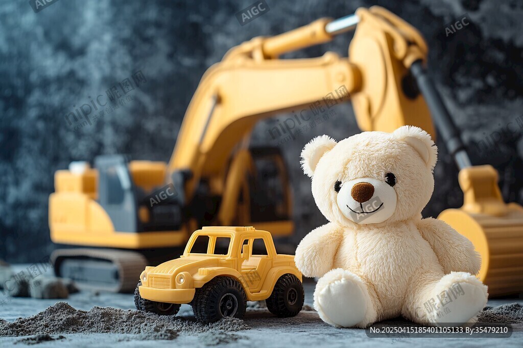 可愛玩具熊與工程玩具車