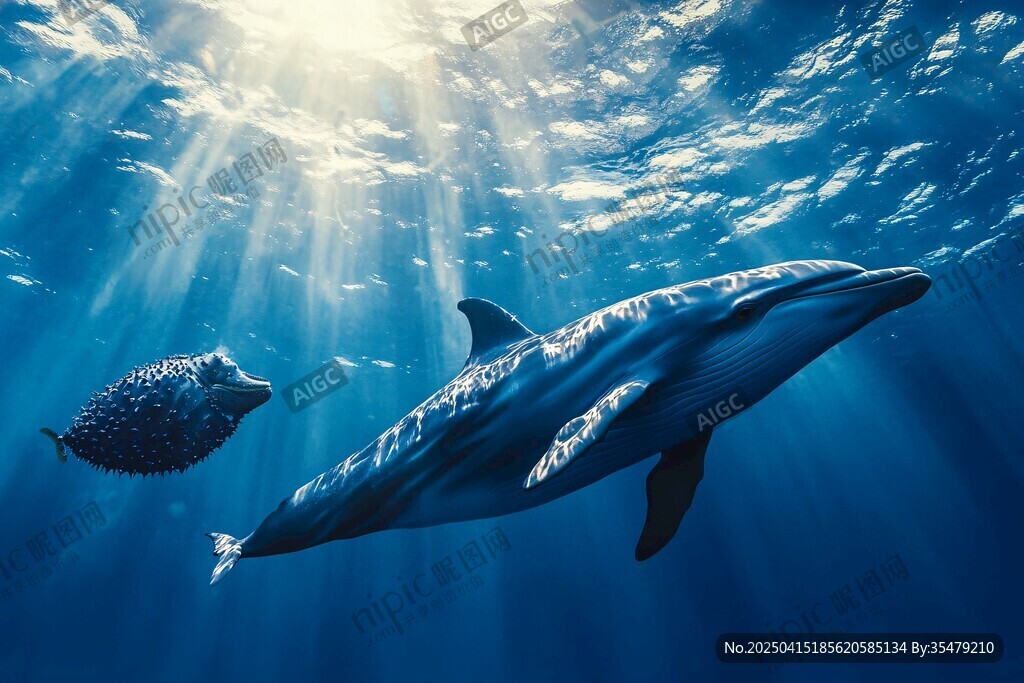 海洋中暢游的海豚與魚