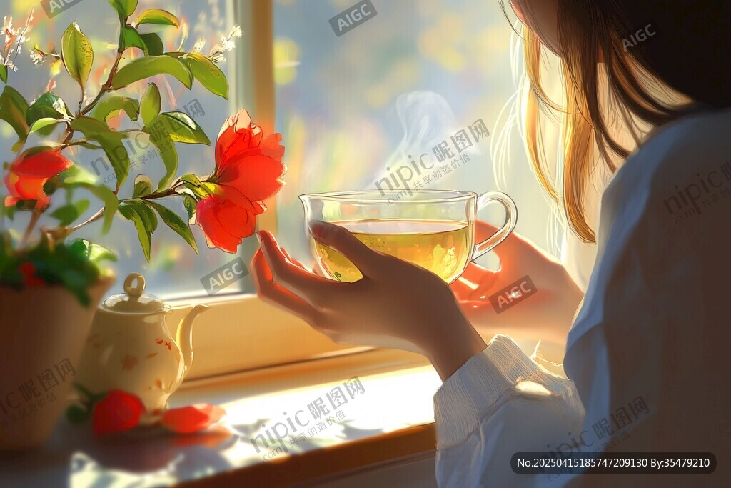 窗邊女子愜意品茶賞花卉