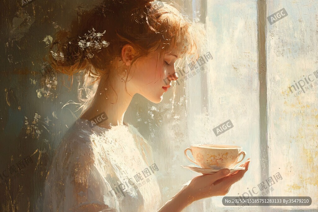 窗邊女子優(yōu)雅品茶時刻