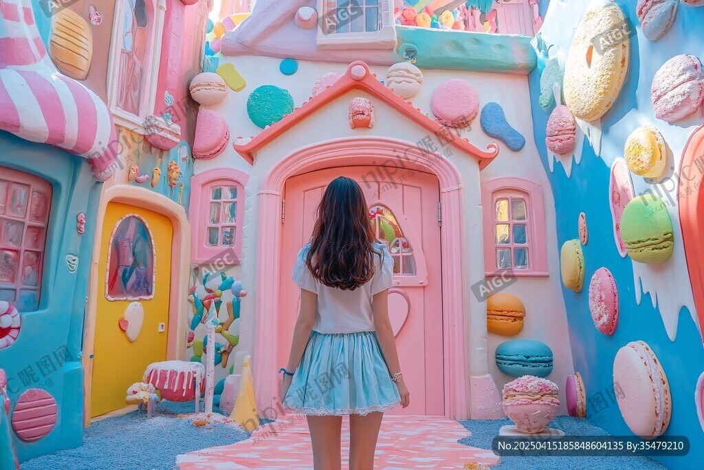 女孩置身夢幻糖果主題小屋