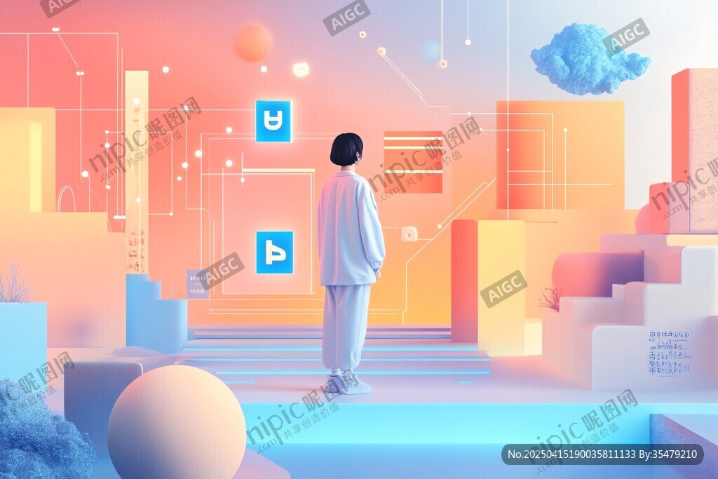 男子置身科技感夢幻場景中