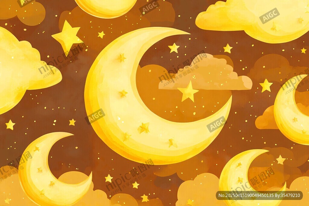 夢幻月夜星空云朵插畫