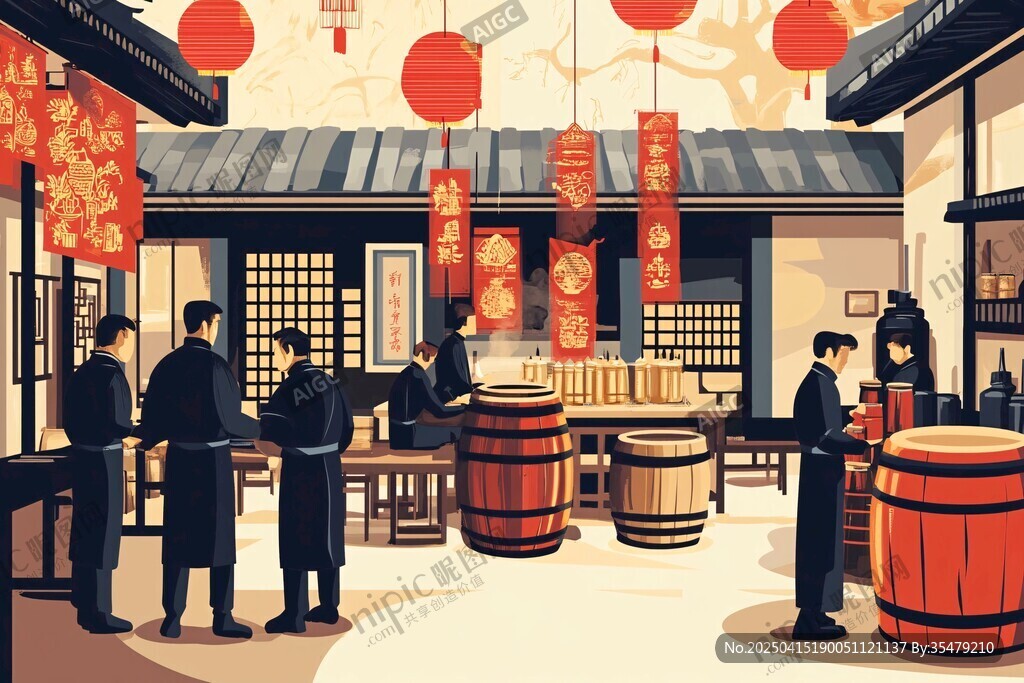 古代酒坊熱鬧釀酒場景