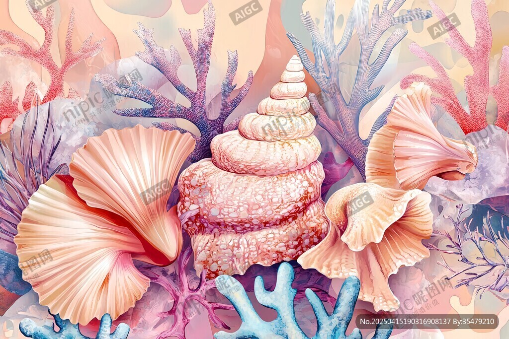 夢(mèng)幻海底貝殼珊瑚插畫