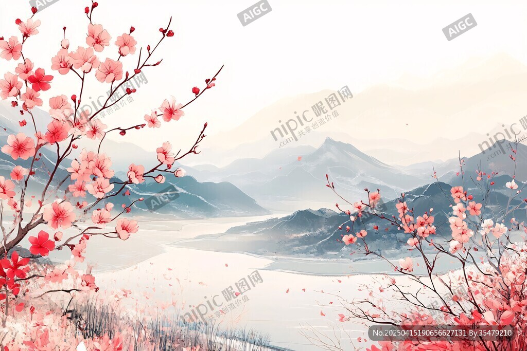 春日爛漫桃花山水畫卷