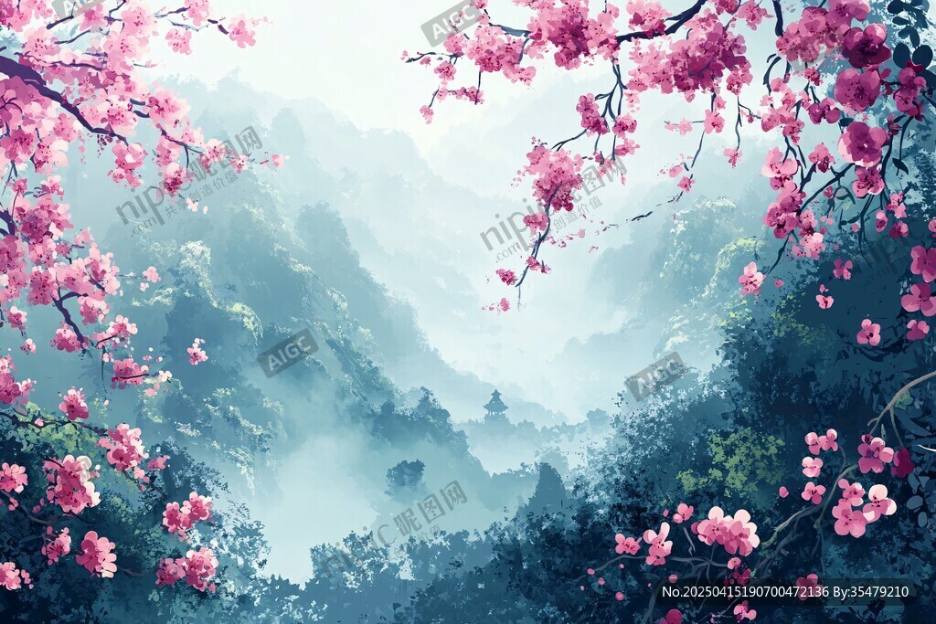 春日繁花山谷詩意美景