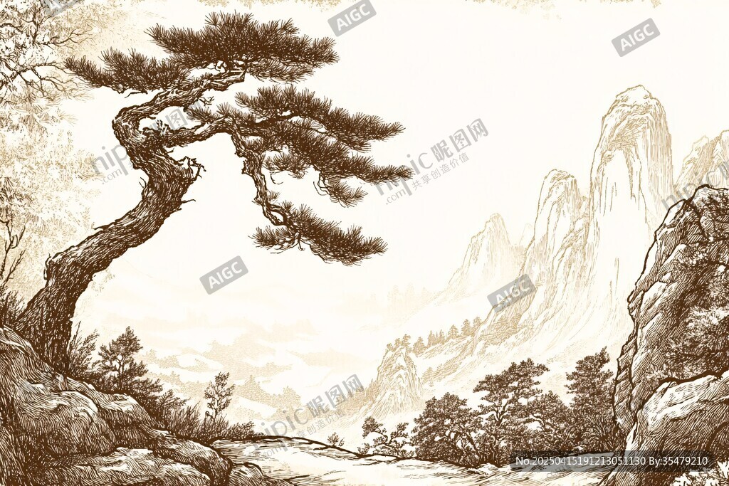 水墨黃山迎客松山水圖景