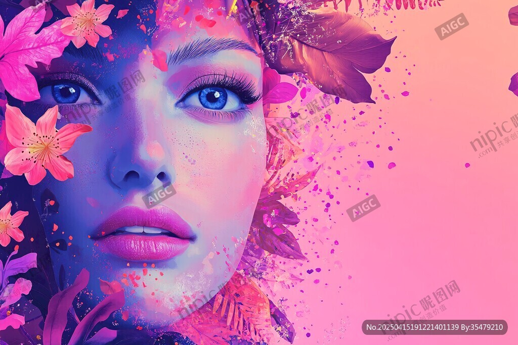 夢幻花卉環繞的絕美女性