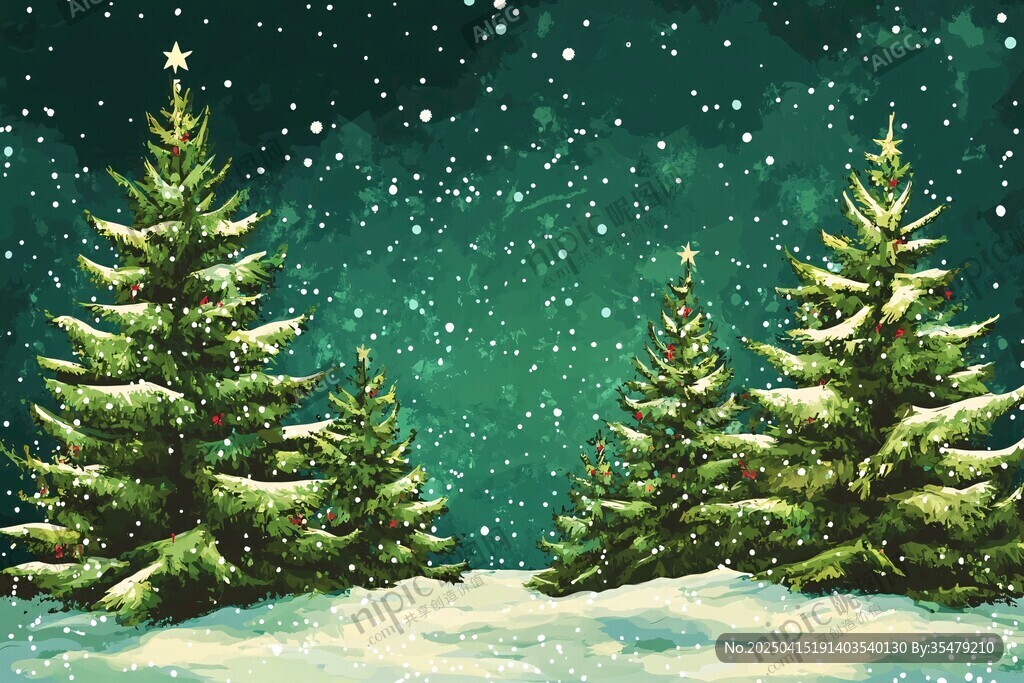 雪夜中的翠綠圣誕樹