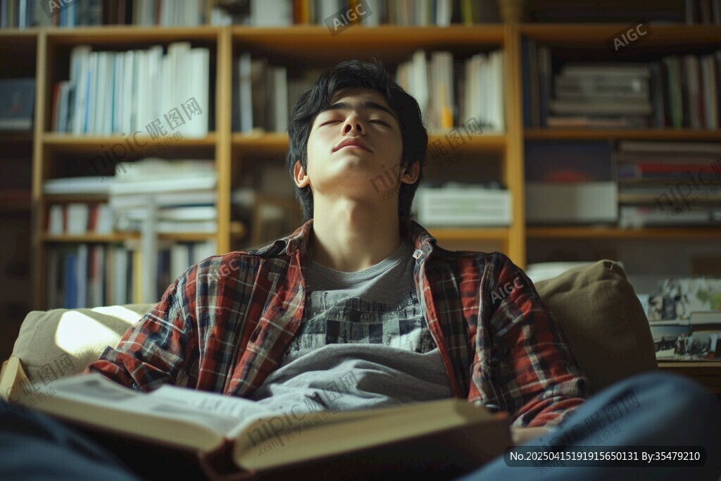 男孩在書架前看書時(shí)睡著