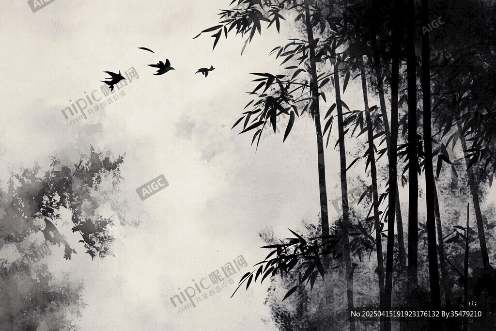 竹林飛鳥(niǎo)水墨意境圖