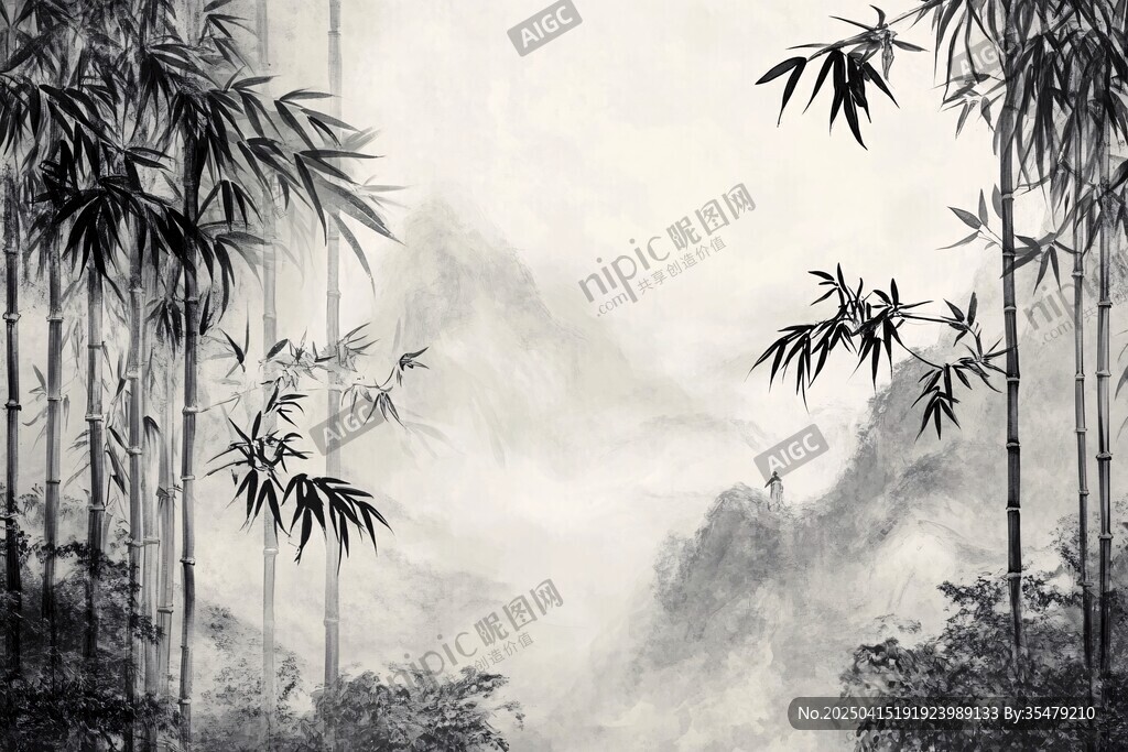 水墨竹林間的朦朧山水景