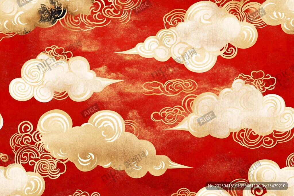 紅色底金色祥云中式圖案