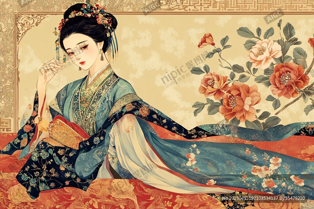 古典美人著華服倚坐賞花