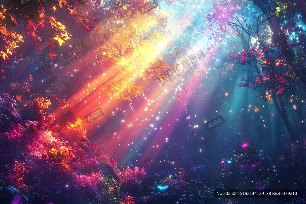 夢(mèng)幻森林中的彩色光束