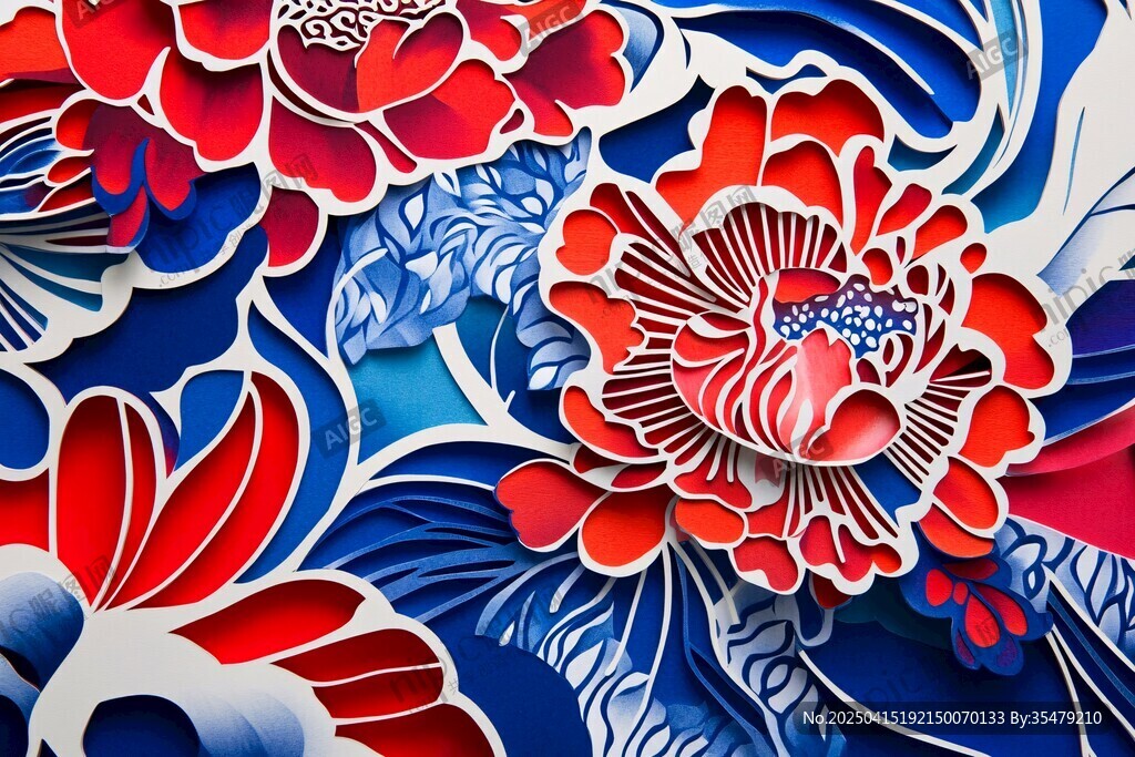 立體剪紙風紅藍花卉圖案
