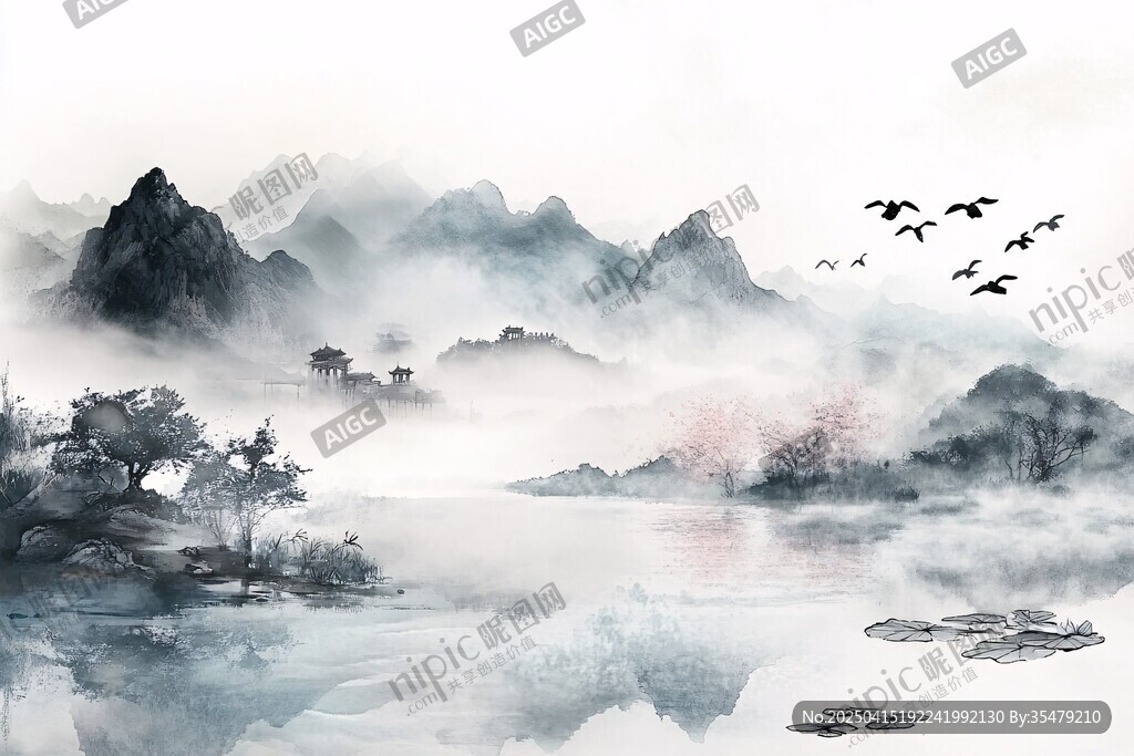 水墨山水間飛鳥掠湖景