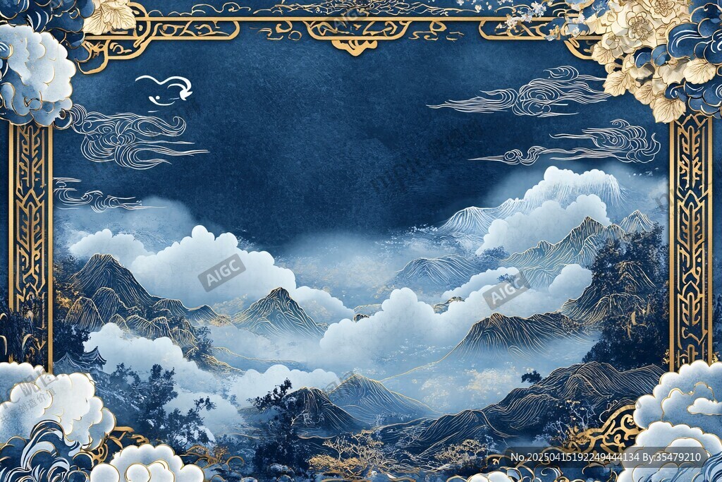 國(guó)風(fēng)云海山巒邊框插畫