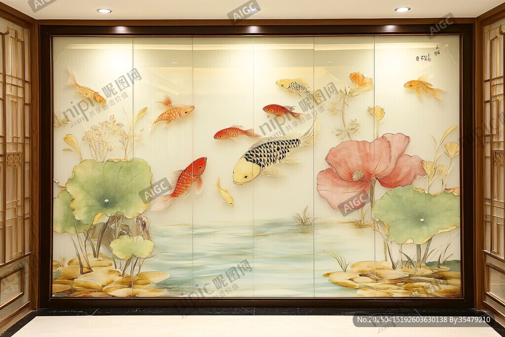 中式錦鯉荷花藝術(shù)背景墻