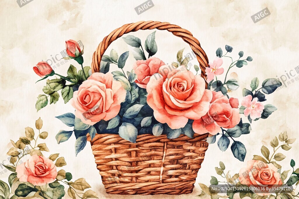 籃中粉玫插畫
