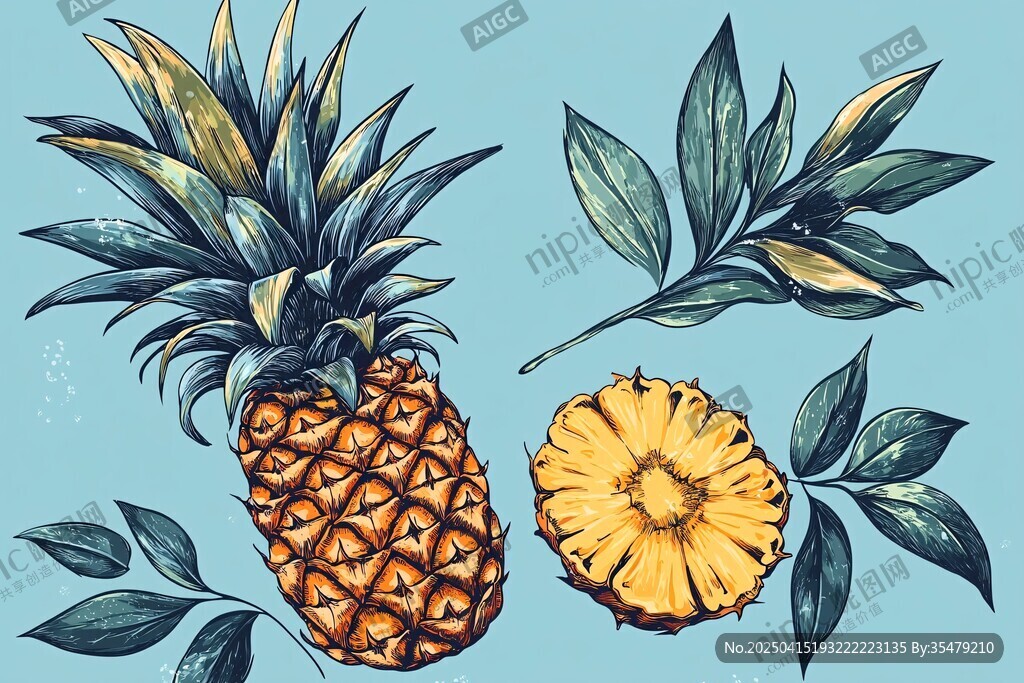 手繪菠蘿與葉片插畫
