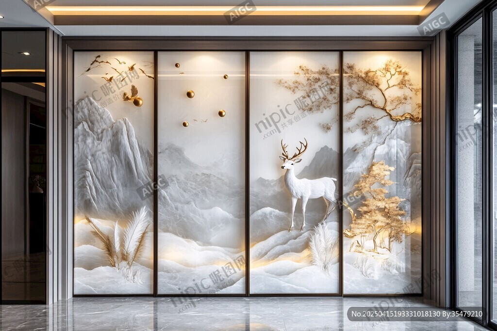 中式山水麋鹿屏風裝飾畫