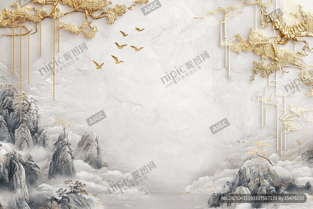 中式山水金飾飛鳥背景圖