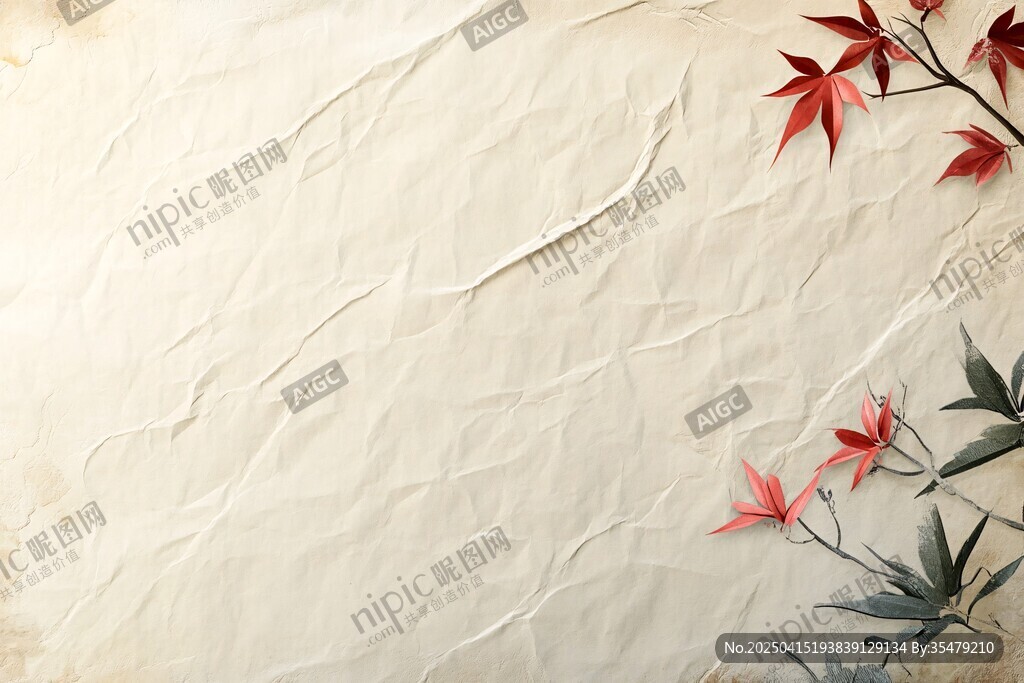 復(fù)古紙張上的紅楓與翠竹