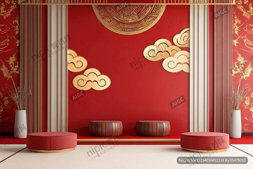 中式紅金風(fēng)典雅室內(nèi)場景