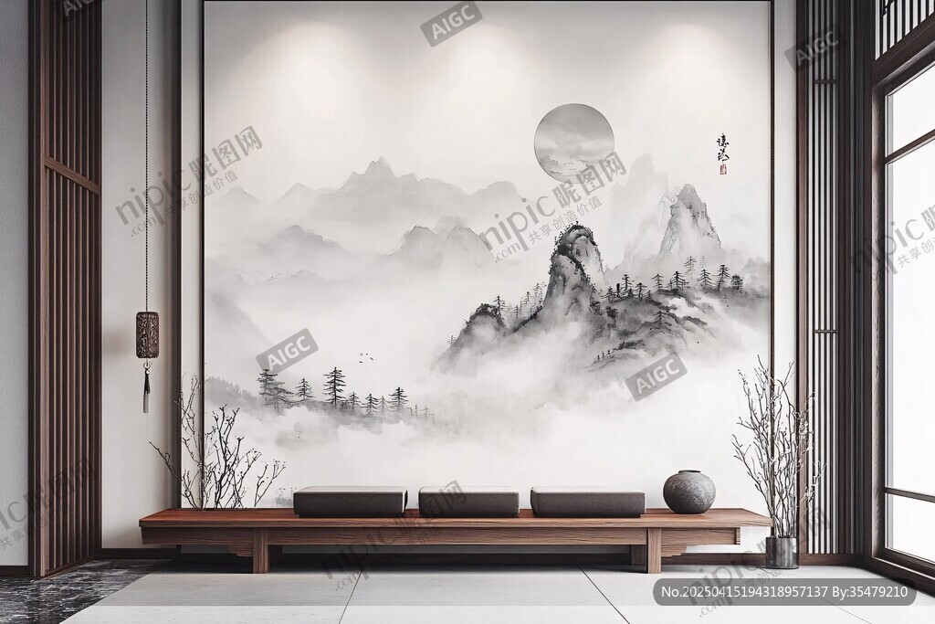 中式山水風(fēng)客廳雅致背景墻