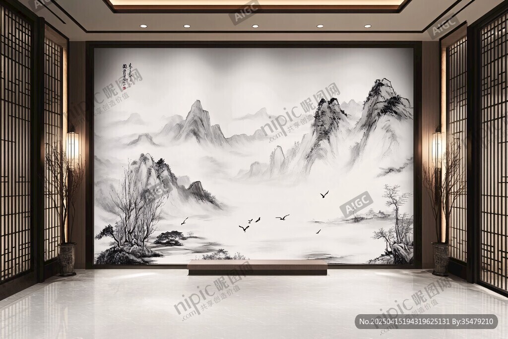 中式山水壁畫裝點雅致空間