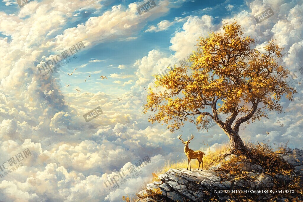 云端孤樹旁的小鹿奇幻景