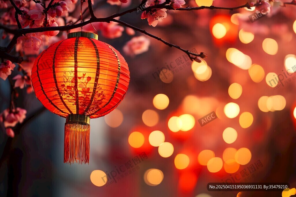 紅燈籠映繁花夜色美