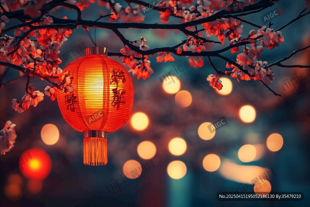 红灯笼映繁花夜景 红灯笼映繁花夜景