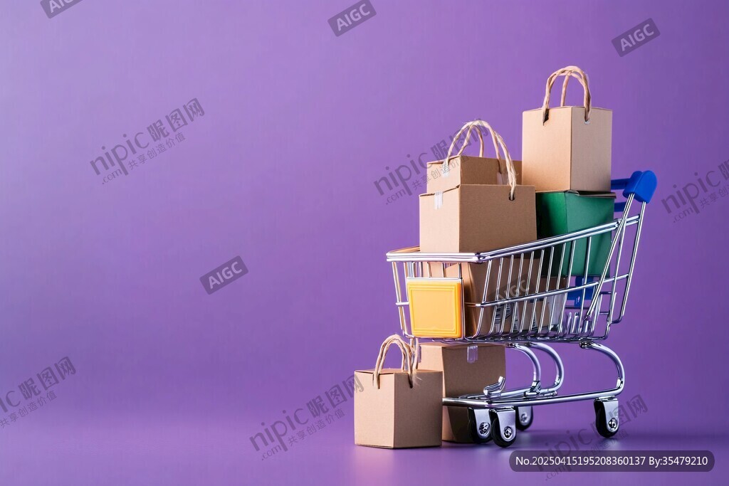 滿(mǎn)載購(gòu)物袋的購(gòu)物車(chē)