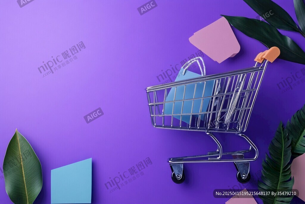 紫色背景下的購物車與物件