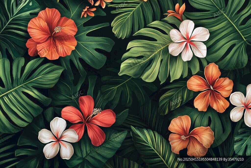 熱帶花卉與綠葉的美麗圖景
