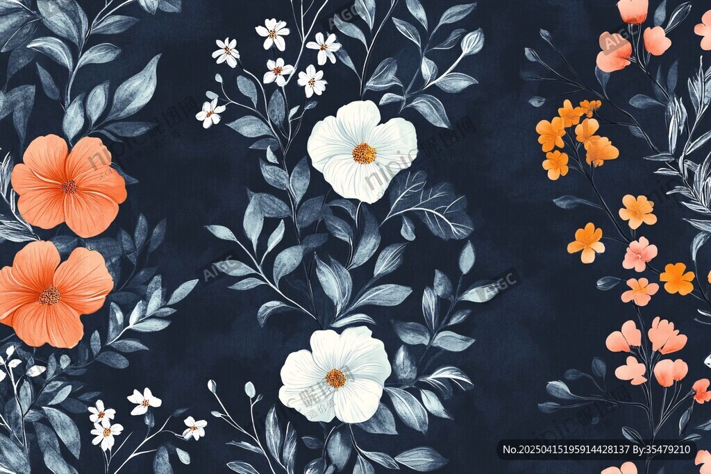 深藍(lán)底花卉植物圖案