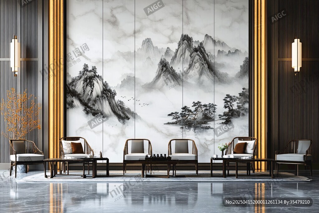中式山水背景墻的雅致空間